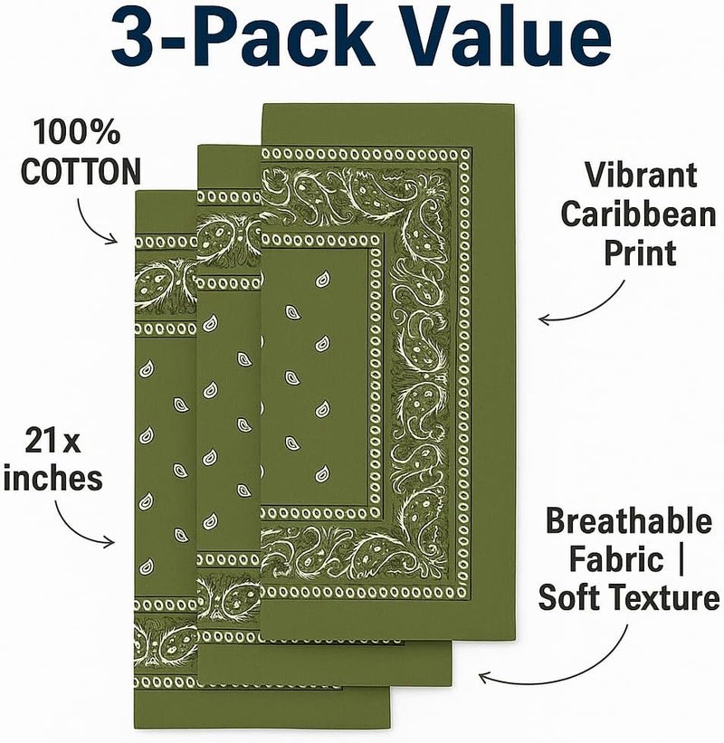 SUNRIBE 3 Pack Paisley Bandanas – 100% Cotton Square 21x21 Head Wrap, Headband, Face Cover, Neck Scarf for Men & Women - Image 2